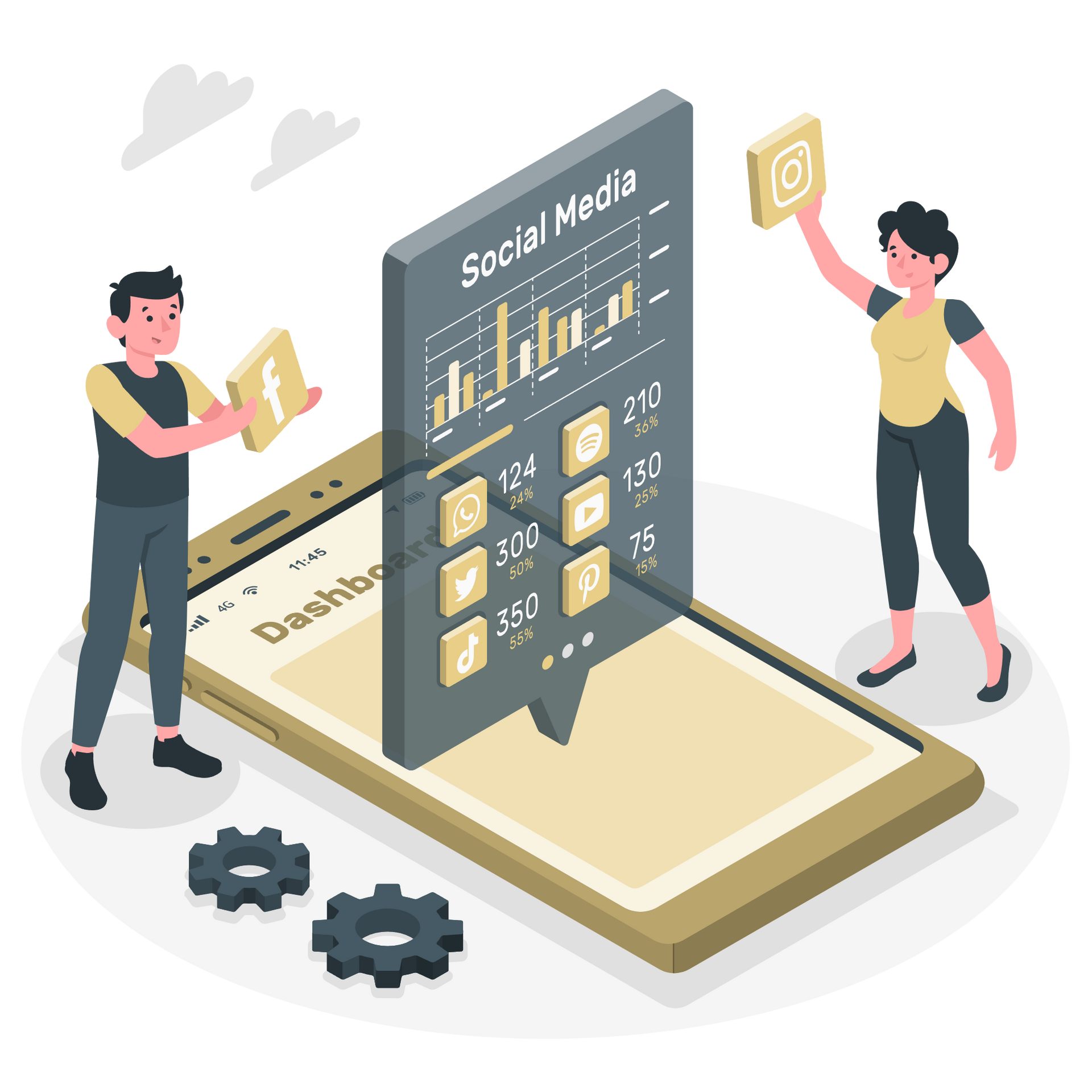 A man and a woman are standing next to a cell phone.