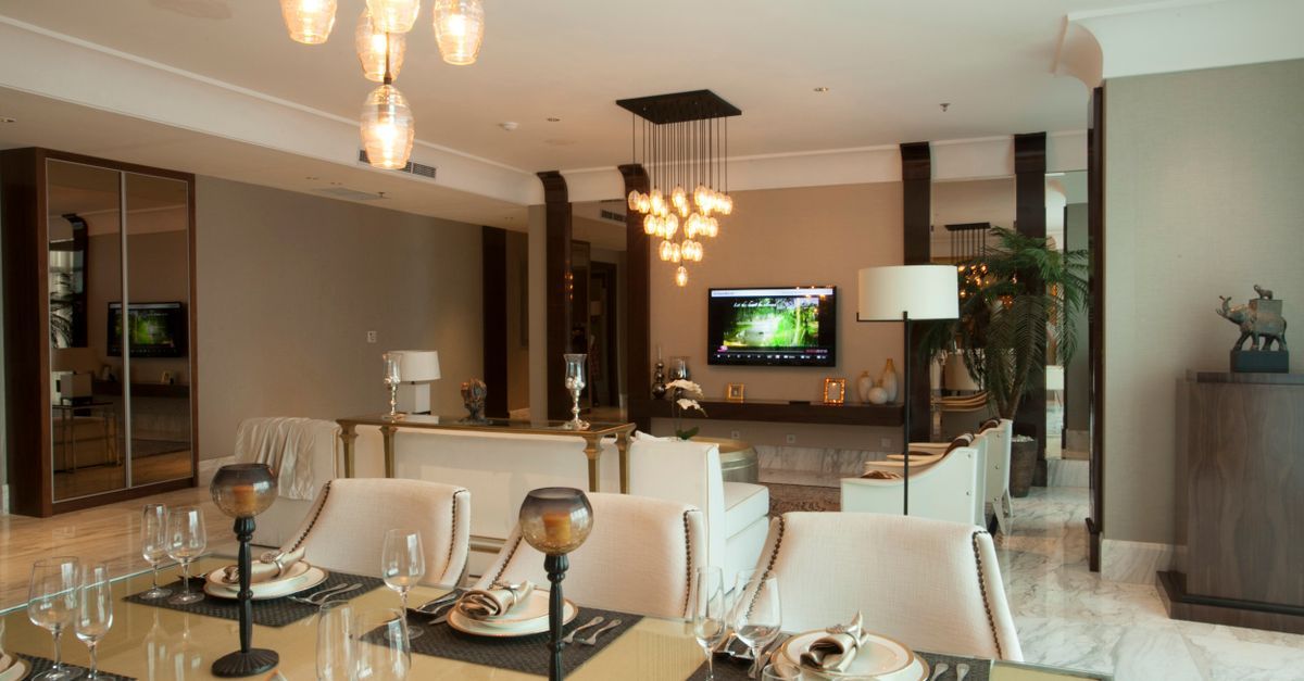 Modern living room with integrated smart home technology and ambient lighting