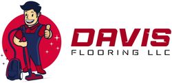 A cartoon worker in blue coveralls gives a thumbs-up next to a vacuum. Text reads "DAVIS FLOORING LLC" in bold red letters.