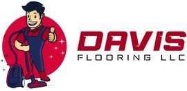 A cartoon worker in blue coveralls gives a thumbs-up next to a vacuum. Text reads "DAVIS FLOORING LLC" in bold red letters.