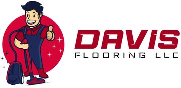 A cartoon worker in blue coveralls gives a thumbs-up next to a vacuum. Text reads "DAVIS FLOORING LLC" in bold red letters.