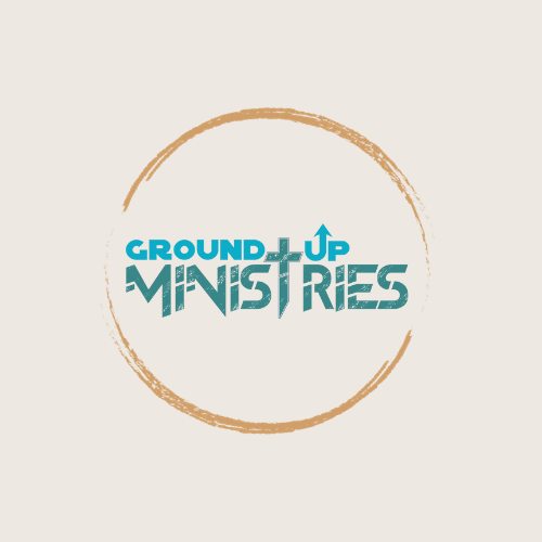 Ground Up Ministries logo with a brown circle around it and a beige background