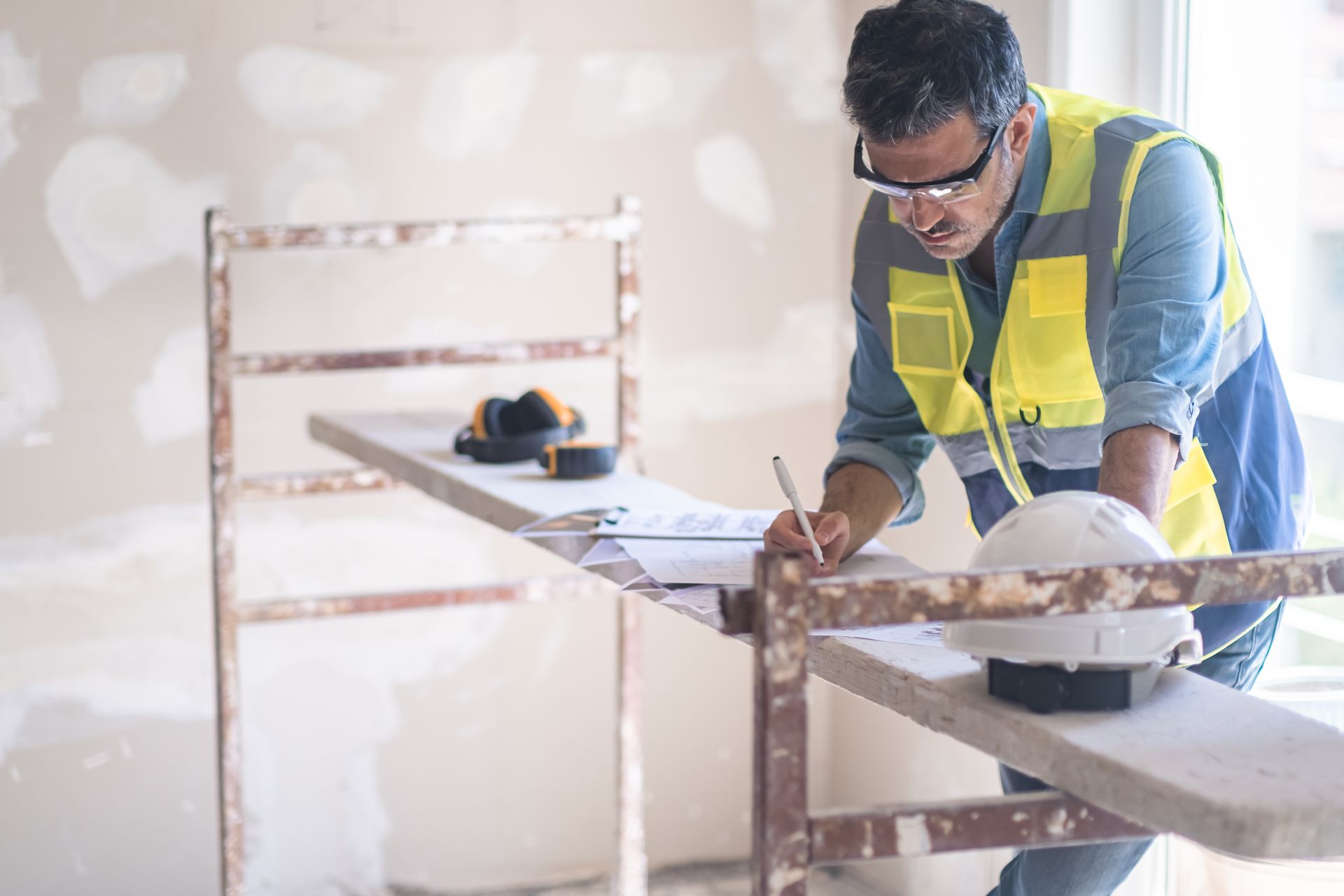 A construction worker is standing at a table writing on a piece of paper.