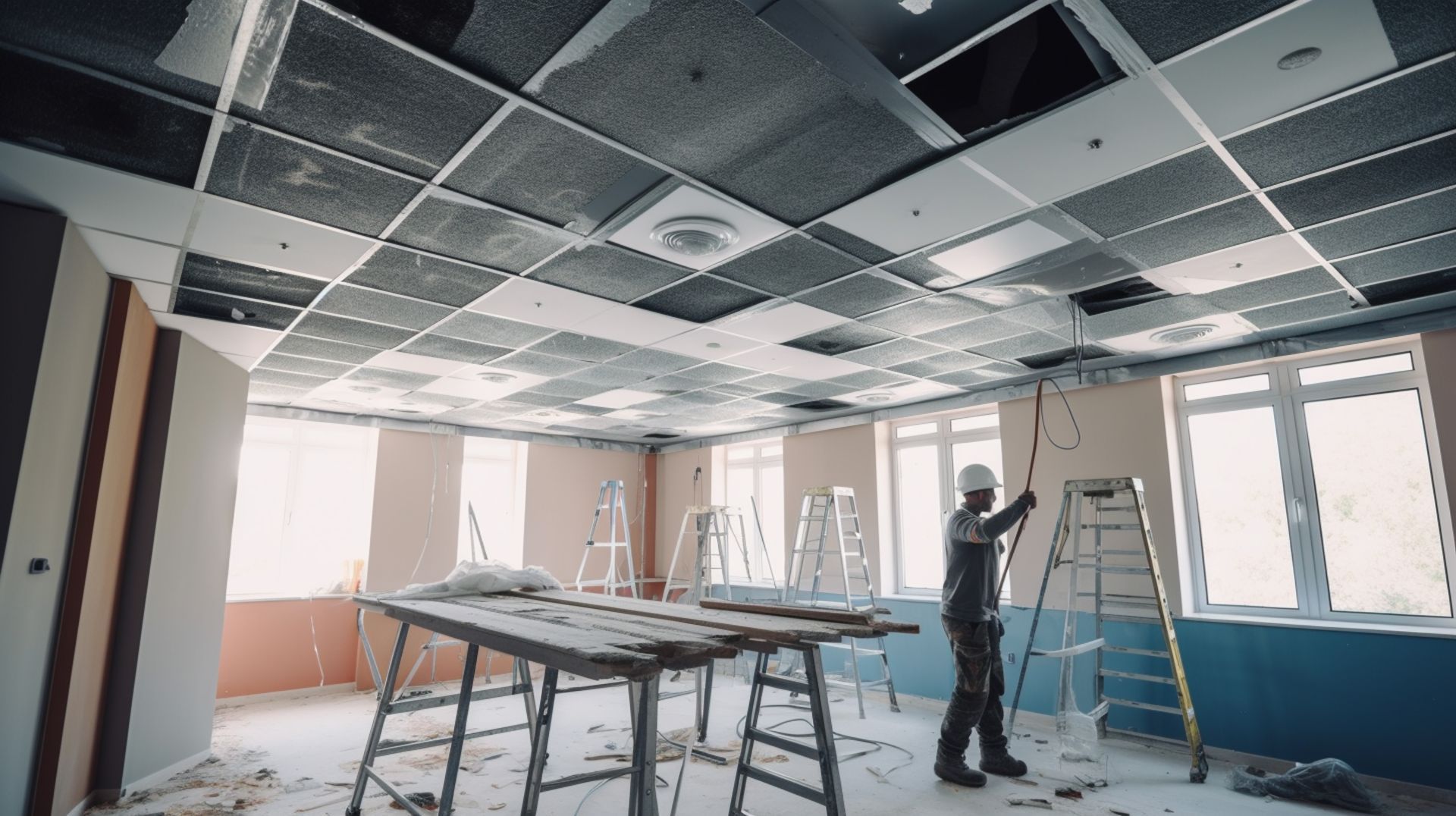 A man is working on the ceiling of a building.