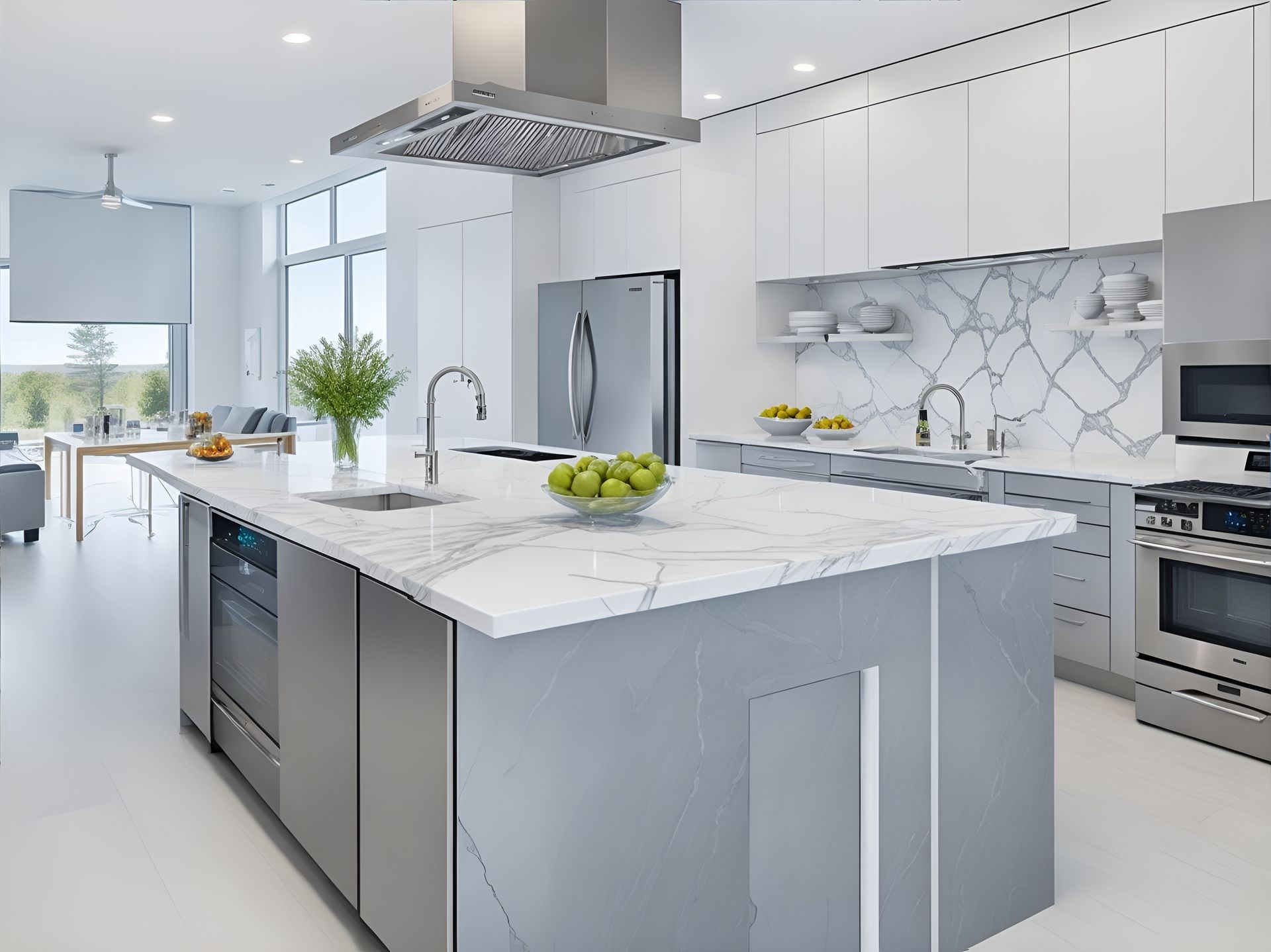 A kitchen with a large island and stainless steel appliances