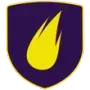 A purple shield with a yellow flame on it.