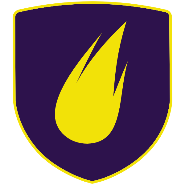 A purple shield with a yellow flame on it.