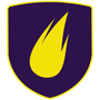 A purple shield with a yellow flame on it.