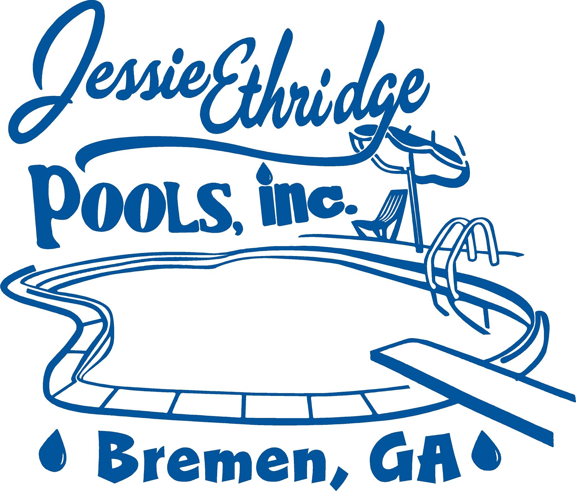 Jessie Ethridge Pools, Inc Logo for Jessie Ethridge Pools, Inc. Blue design featuring a pool, umbrella, and diving board, in Bremen, GA.