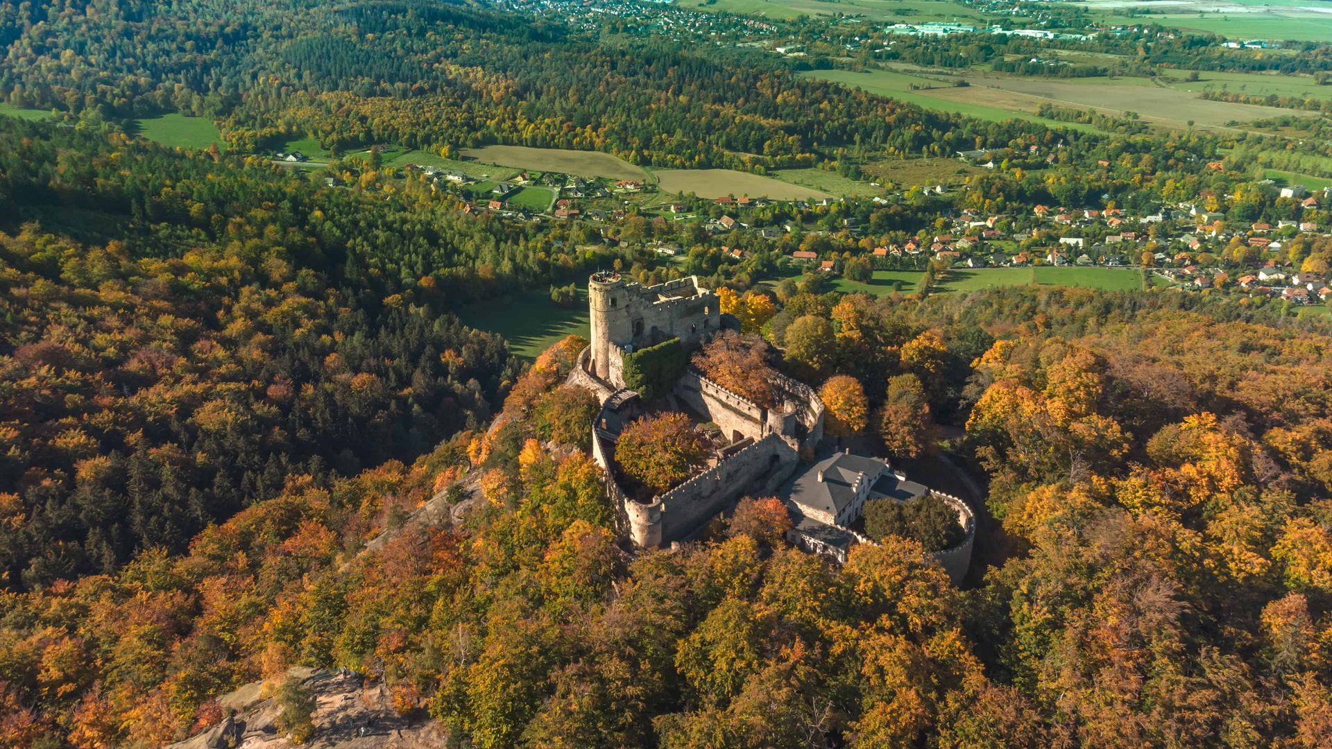 Drone photography aerial view of buildings in a town
