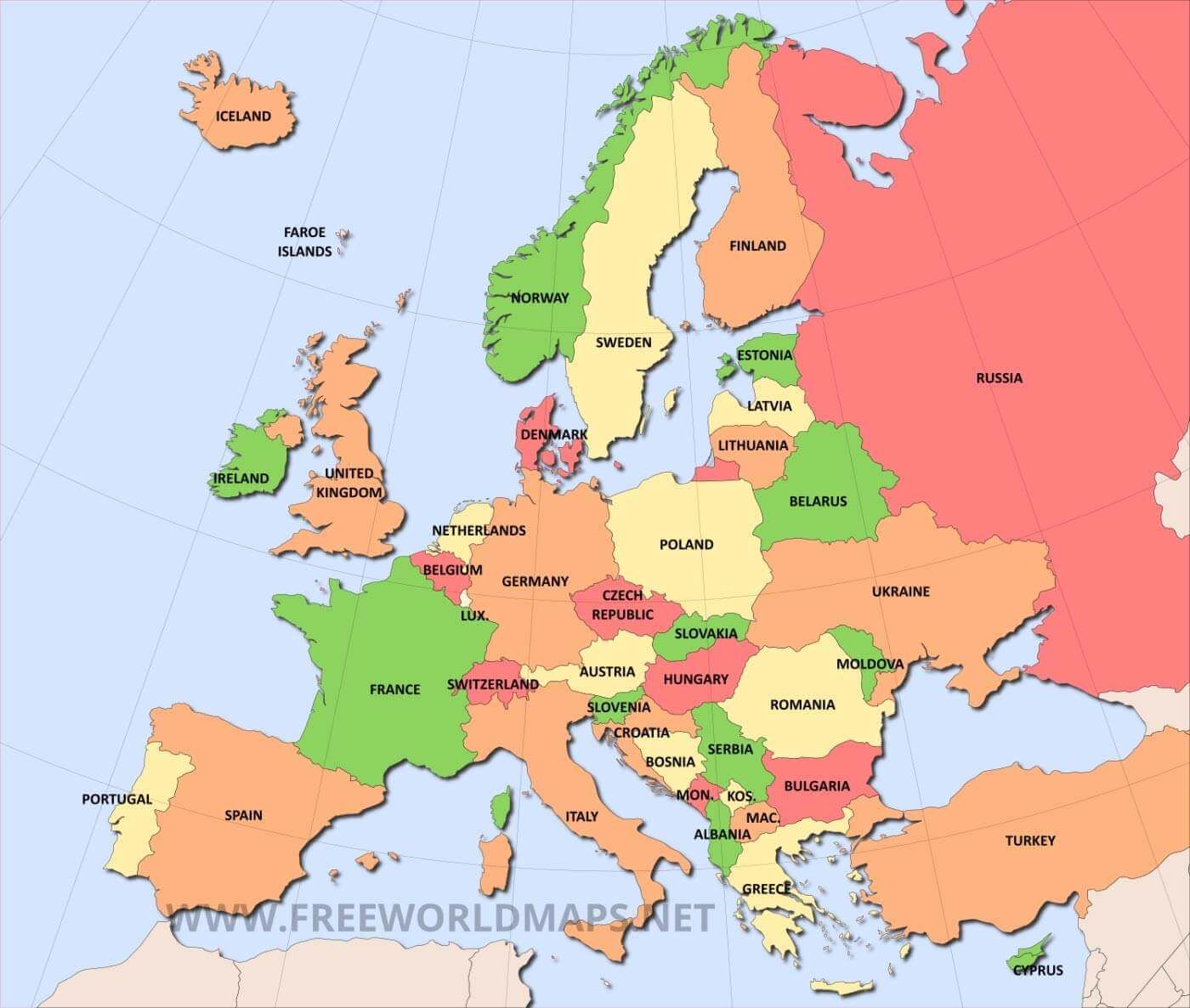 A colorful map of europe with the website www.freeworldmaps.net at the bottom