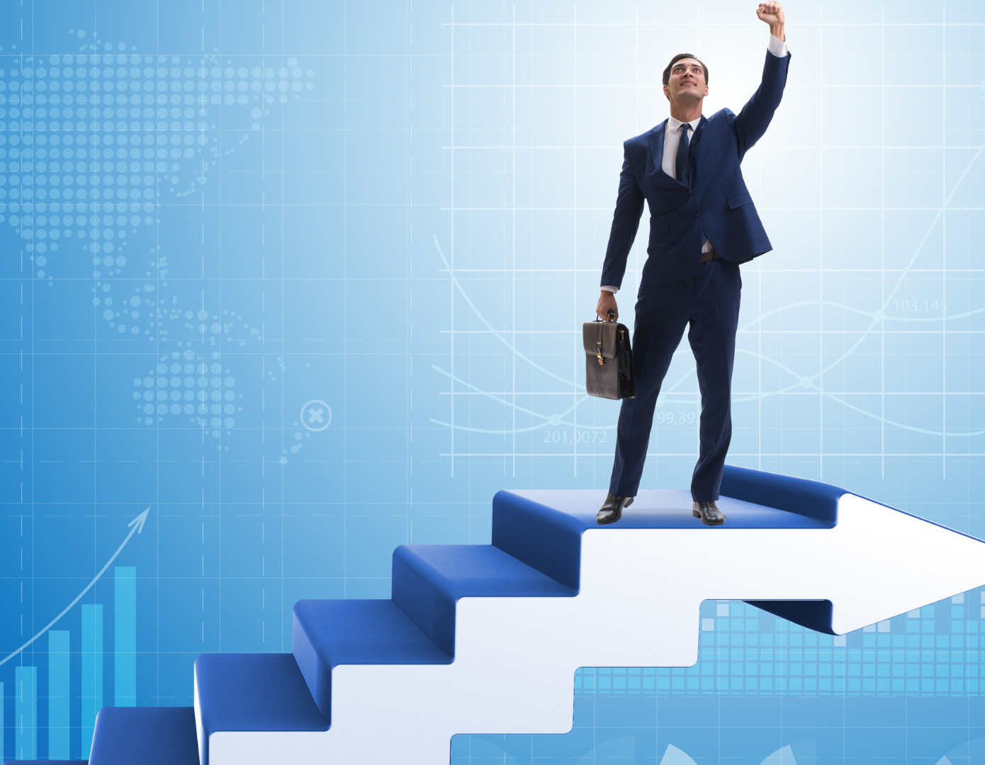 A man in a suit is standing on top of a set of stairs.