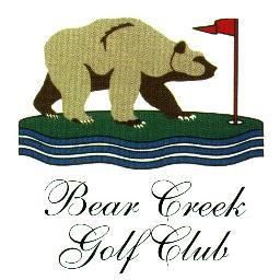 The logo for bear creek golf club shows a bear standing on top of a golf course.