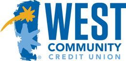 A blue and yellow logo for west community credit union
