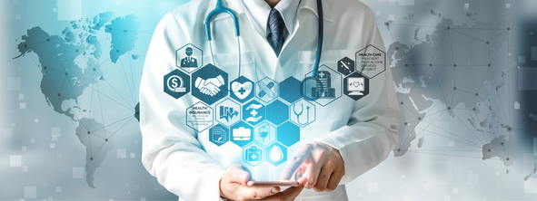 A doctor is holding a tablet with a stethoscope around his neck.