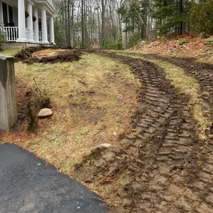 A muddy driveway leading to a house in the woods.