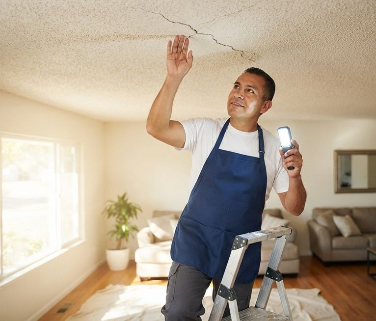 Cracked popcorn ceiling being evaluated in a Madera home
