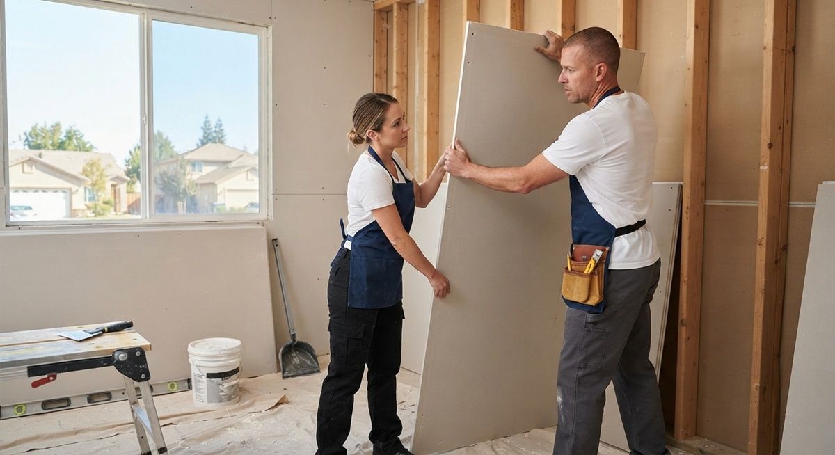 Drywall contractors working on an interior installation in Madera, CA