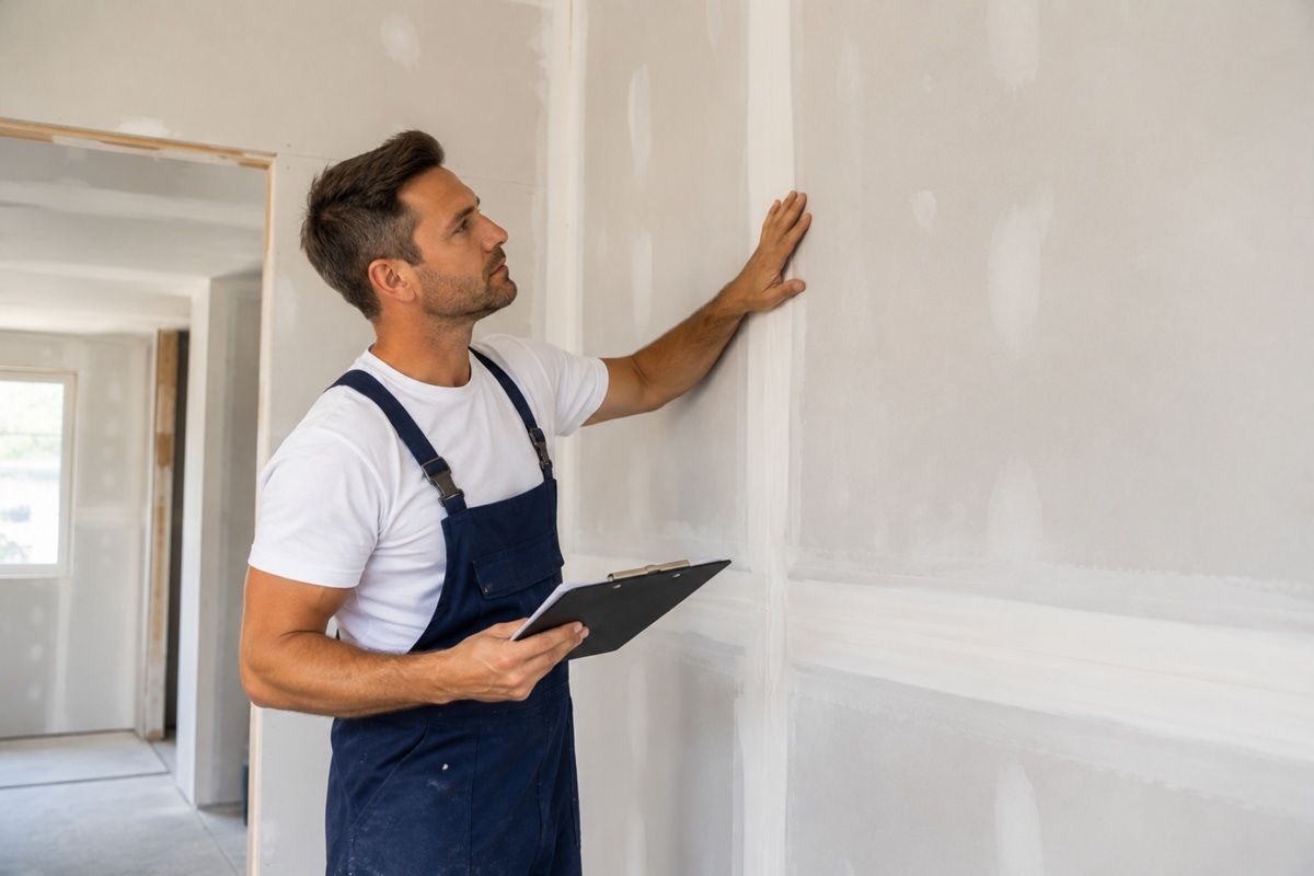 Technician assessing drywall finishing requirements at a Madera property