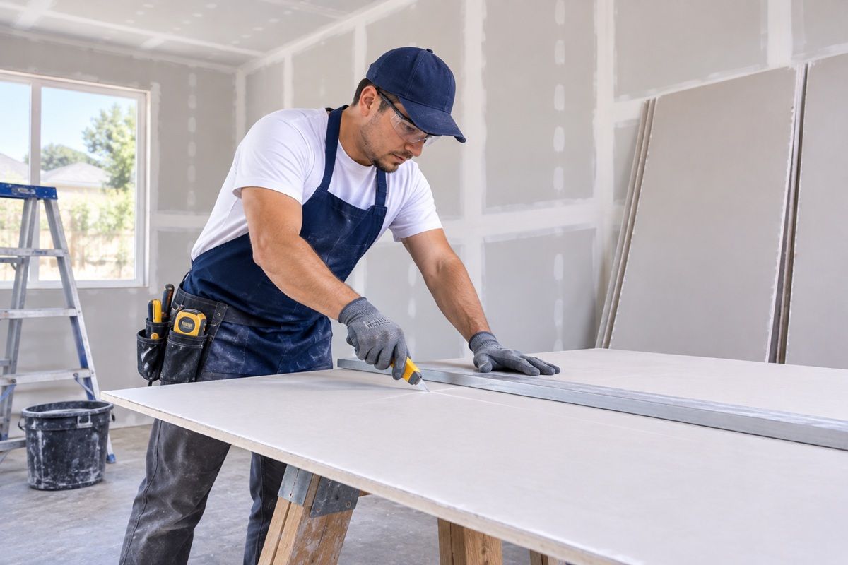 Technician cutting drywall panels for a Madera installation project