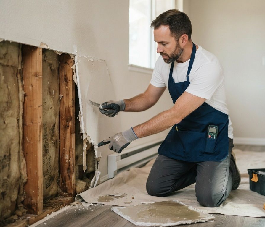 Technician evaluating drywall removal requirements after water damage in Madera