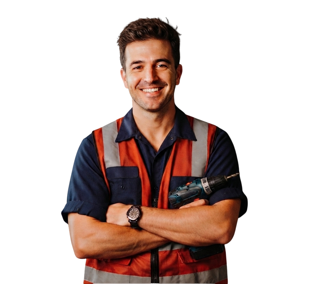 Professional male drywall technician smiling with arms crossed, wearing a navy blue work shirt, a red and reflective safety vest, and holding a cordless drill against a dark background.