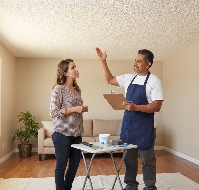 Homeowner discussing a popcorn ceiling removal estimate with a technician in Madera