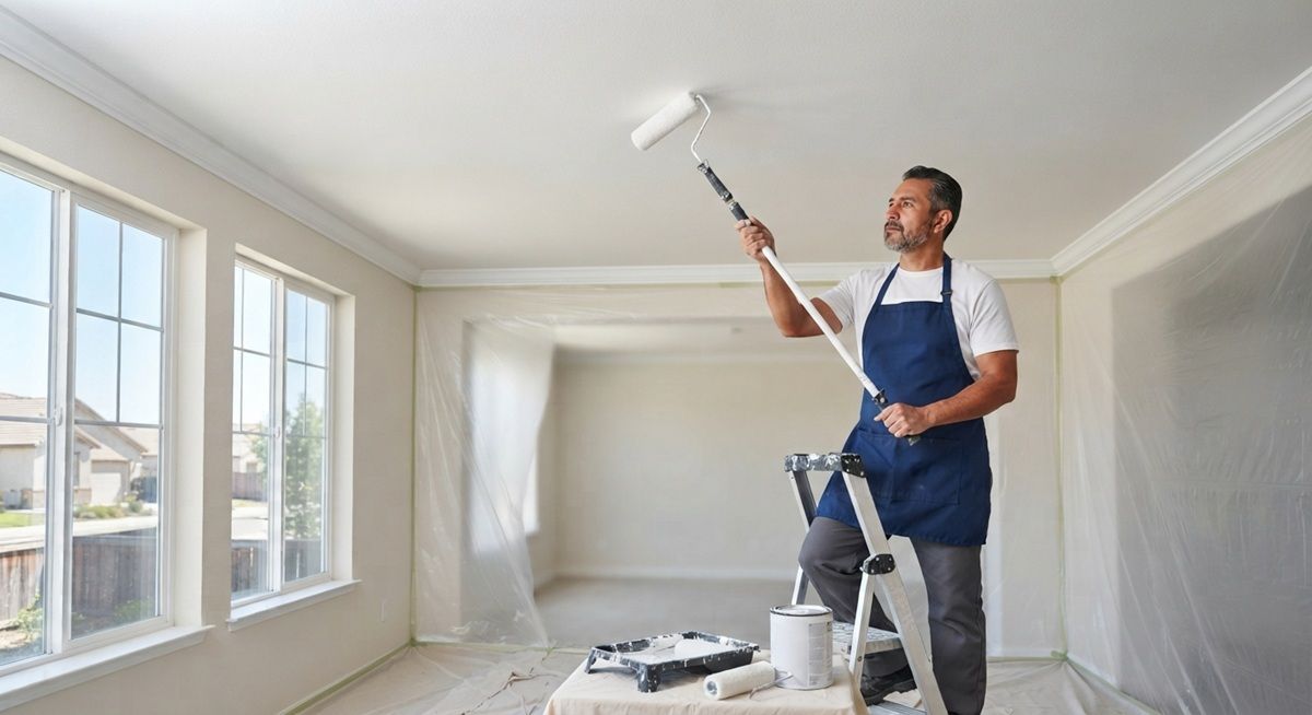 Technician applying primer to a prepared ceiling after popcorn removal in Madera