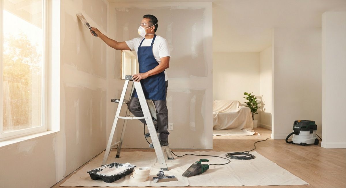 Drywall technician using safe work practices inside a Madera property