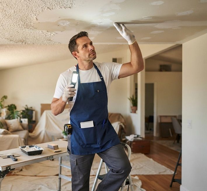 Technician evaluating drywall repair needs after popcorn ceiling removal in Madera
