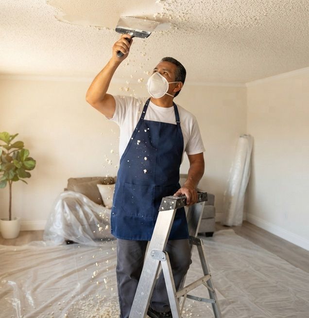 Technician beginning the popcorn ceiling removal process in Madera