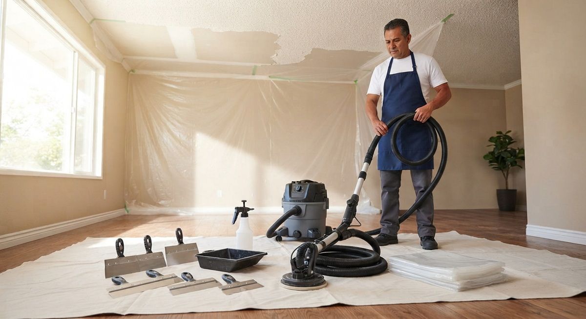 Professional popcorn ceiling removal tools arranged at a Madera worksite