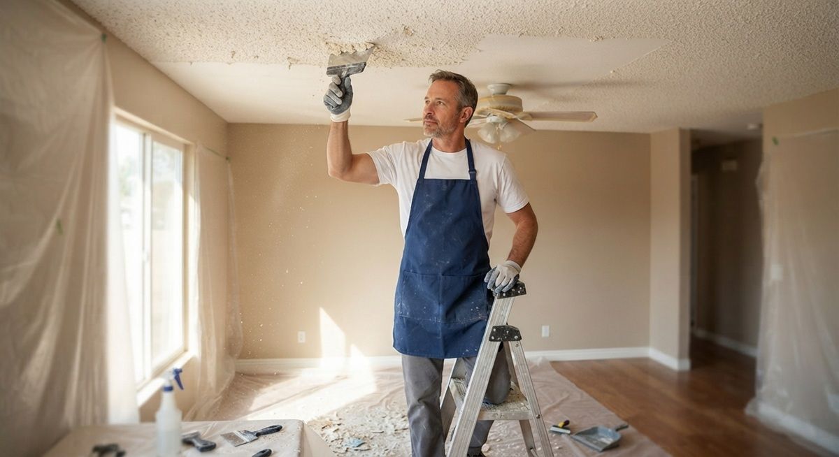 Popcorn ceiling texture being removed from a Madera home