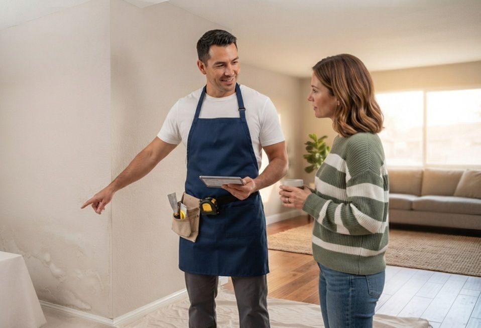 Drywall technician discussing residential service availability in Madera, CA