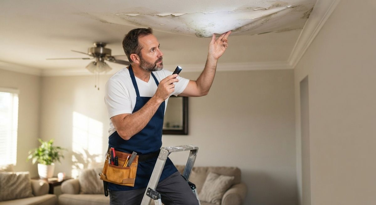 Technician inspecting sagging drywall at a Madera property