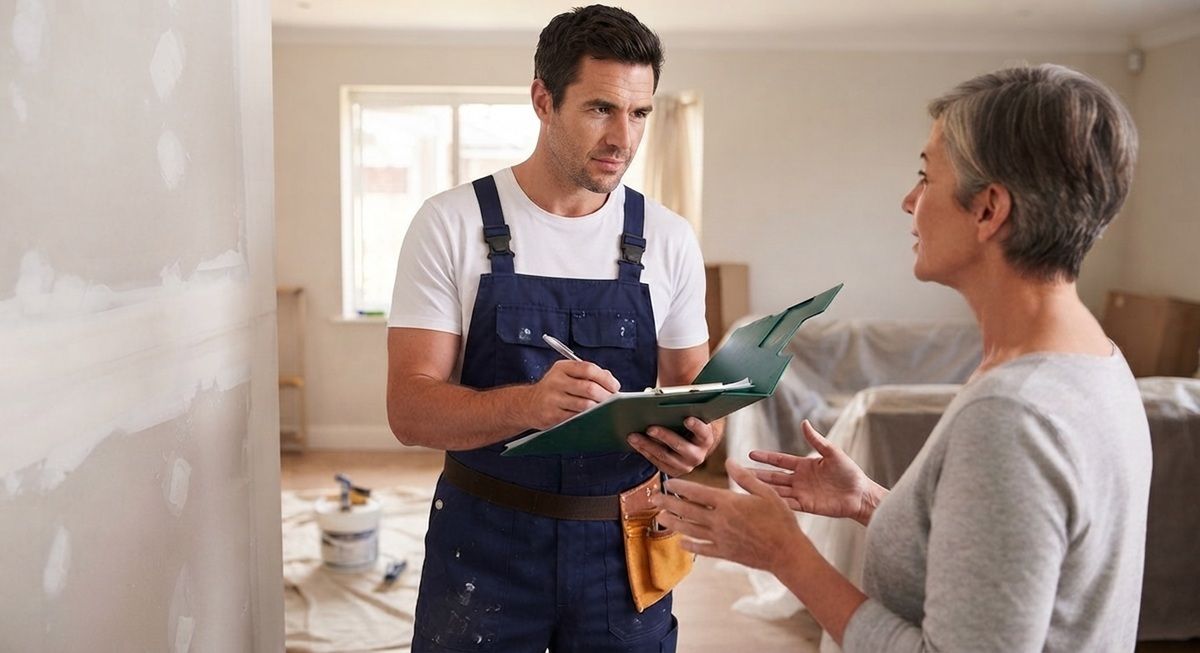 Homeowner discussing a drywall repair project with a technician in Madera, CA