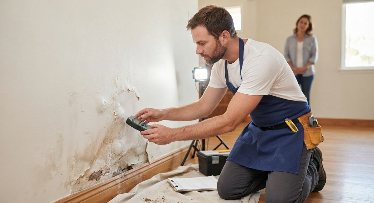 Technician inspecting water-damaged drywall during a Madera restoration