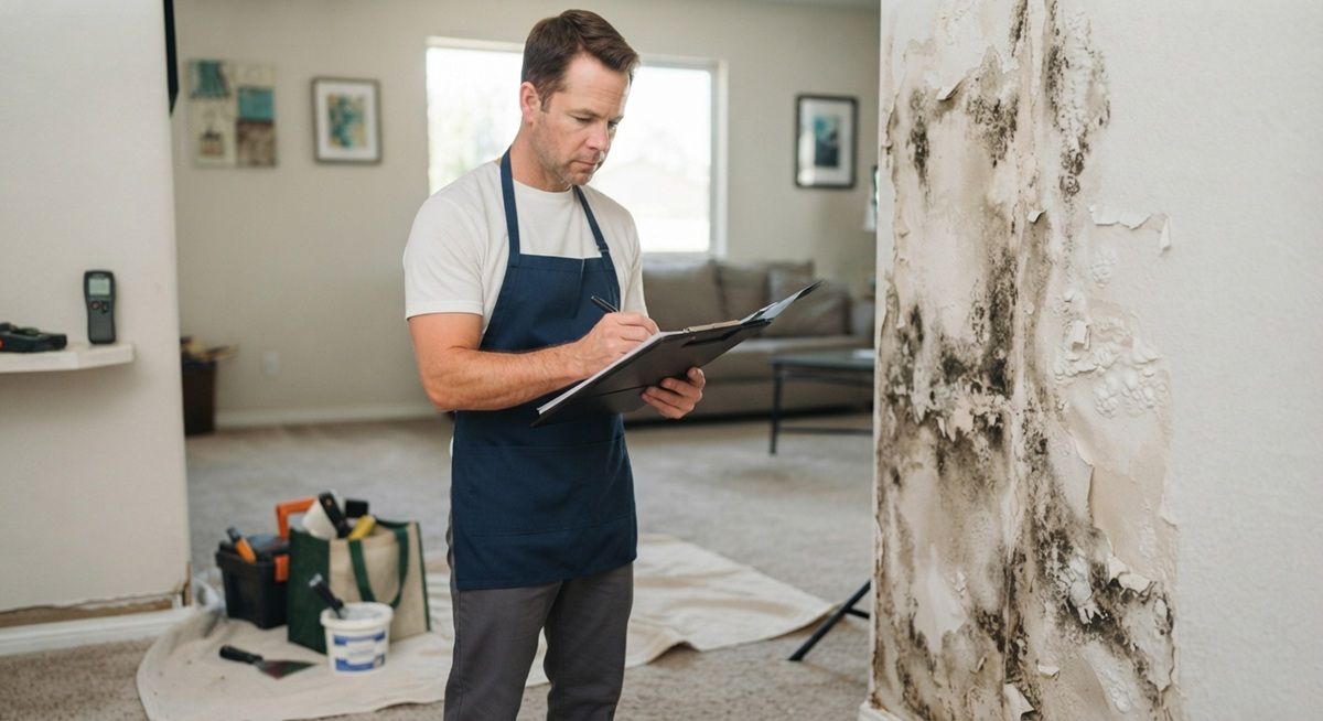 Technician inspecting water-damaged drywall at a Madera property
