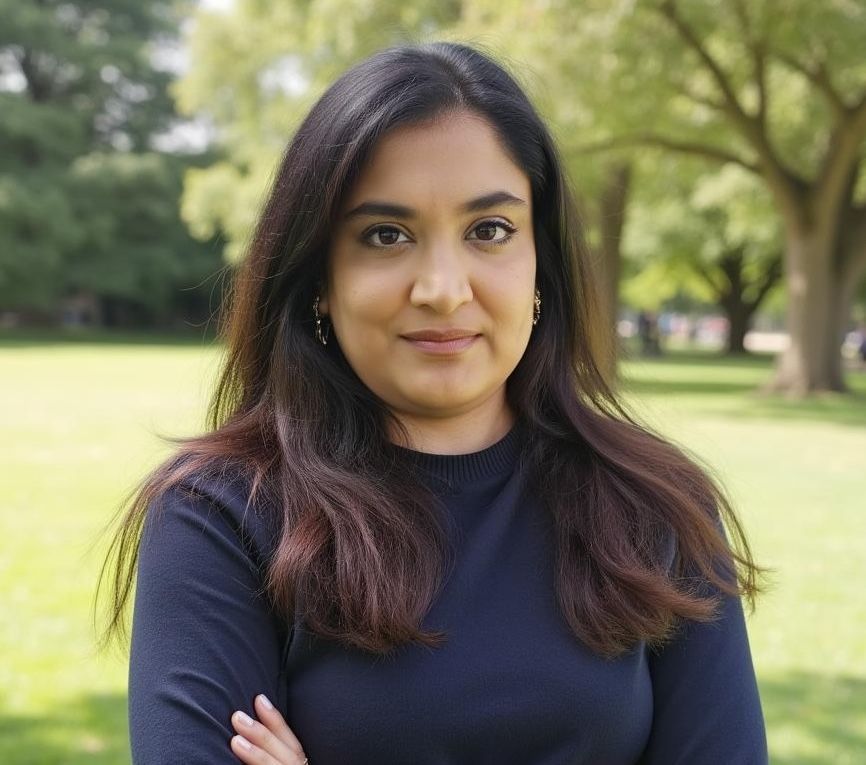 A woman in a blue shirt is standing in a park with her arms crossed.