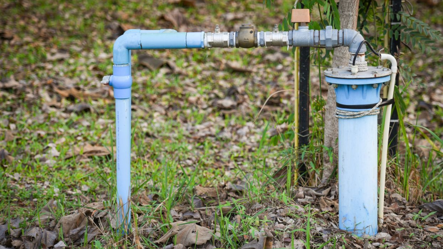 Blue well pump piping in a grassy yard.