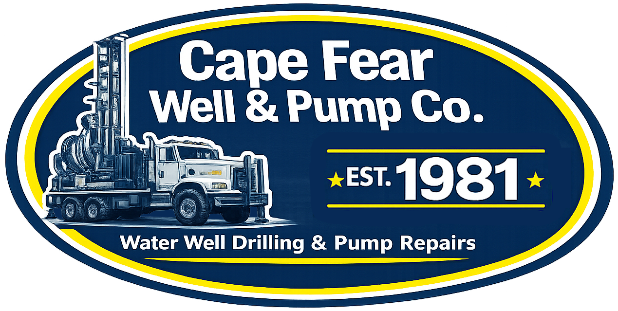 Logo for Cape Fear Well & Pump Co. with drilling rig, text, and establishment date of 1981.