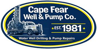 Logo for Cape Fear Well & Pump Co. with drilling rig, text, and establishment date of 1981.