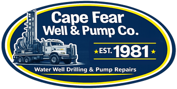 Logo for Cape Fear Well & Pump Co. with drilling rig, text, and establishment date of 1981.