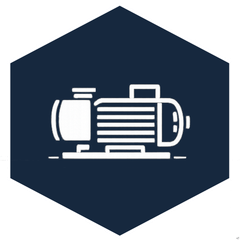 White icon of a water pump inside a dark blue hexagon.