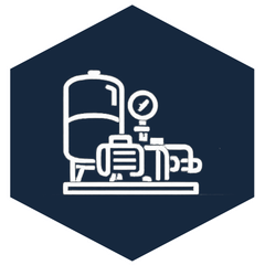 Water pump system icon in a navy hexagon.