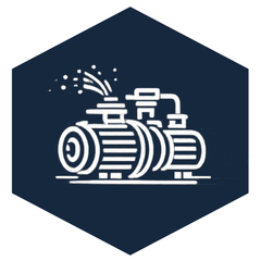 White pump illustration on a navy hexagon, with water spraying.