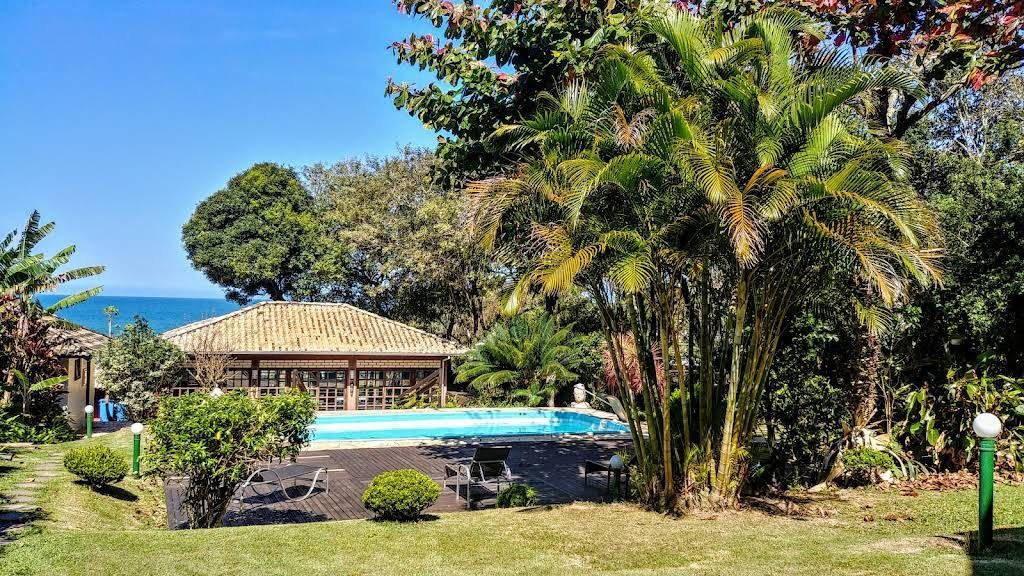 Piscina com gazebo e palmeiras perto da praia em um dia ensolarado.