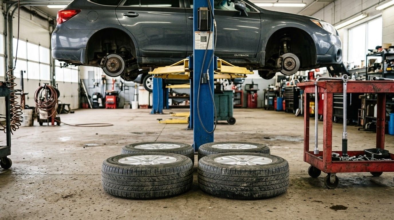 Car elevated on a lift in an auto repair shop, with tires and tools on the floor below.