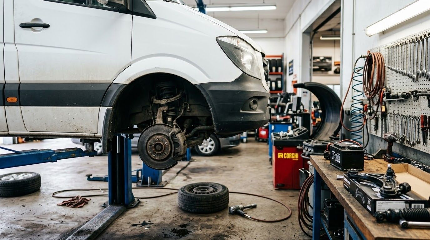 White SUV on a lift in an auto repair shop with tools and a tire on the floor