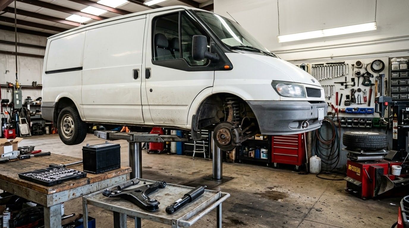 White van raised on jack stands in an auto repair garage, with tools and parts scattered around.